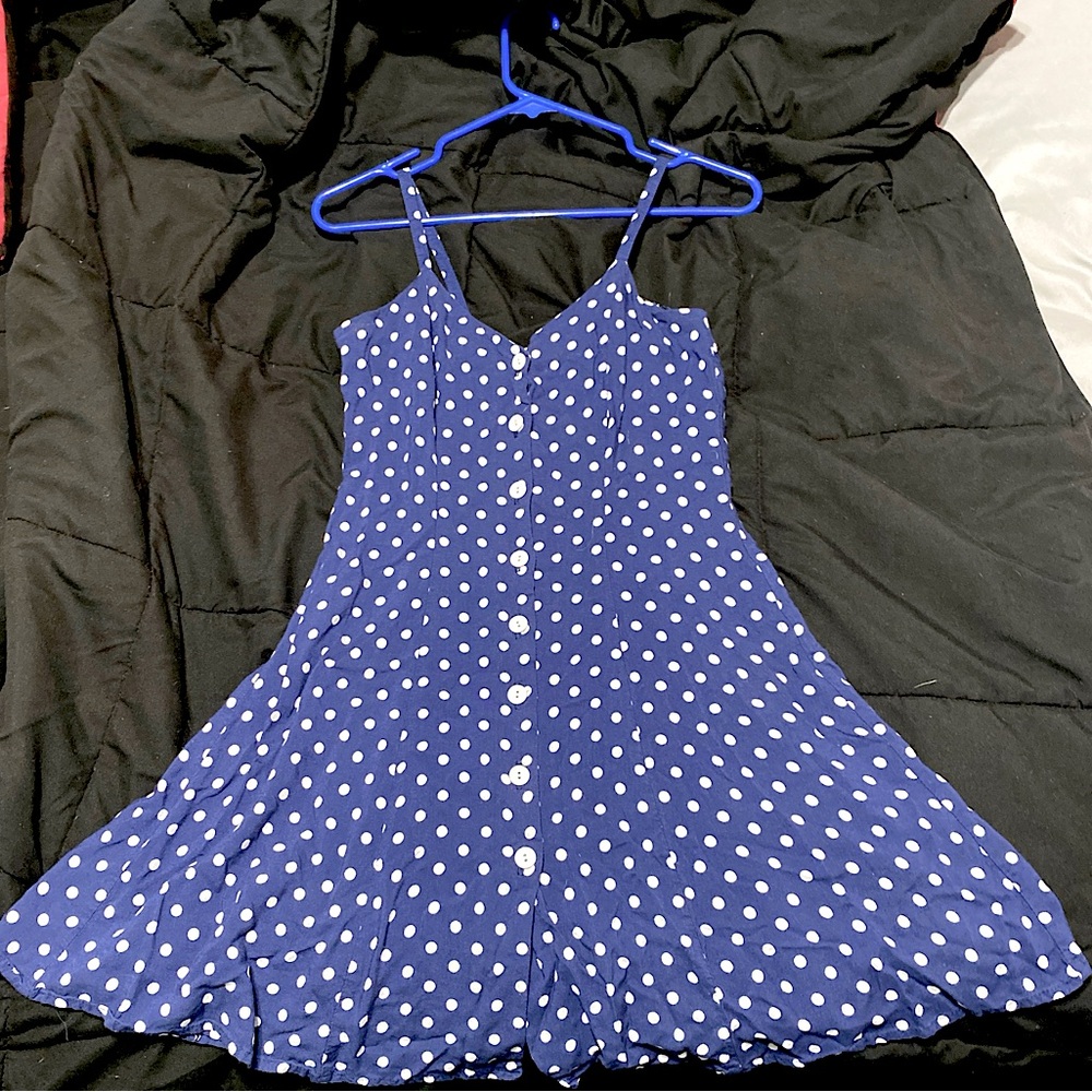 1995 navy and white polka dot dress